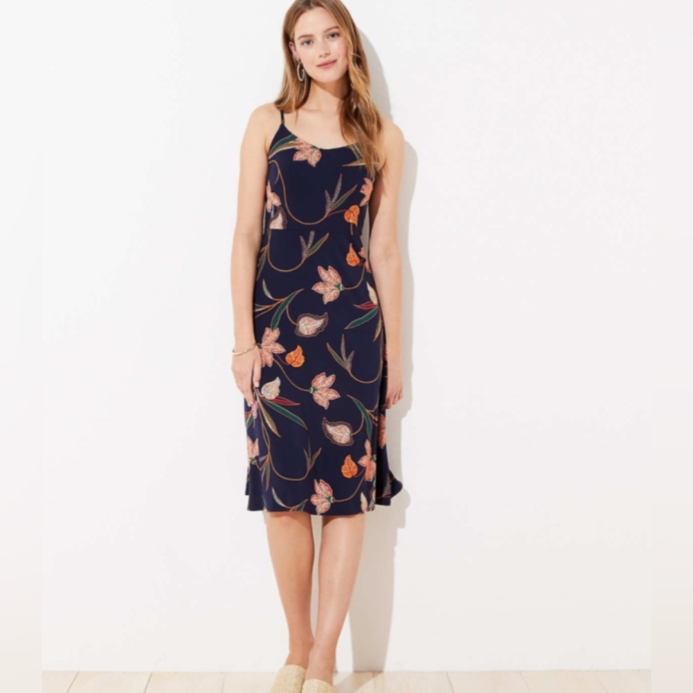Loft Floral Smocked Back Strappy Midi Dress